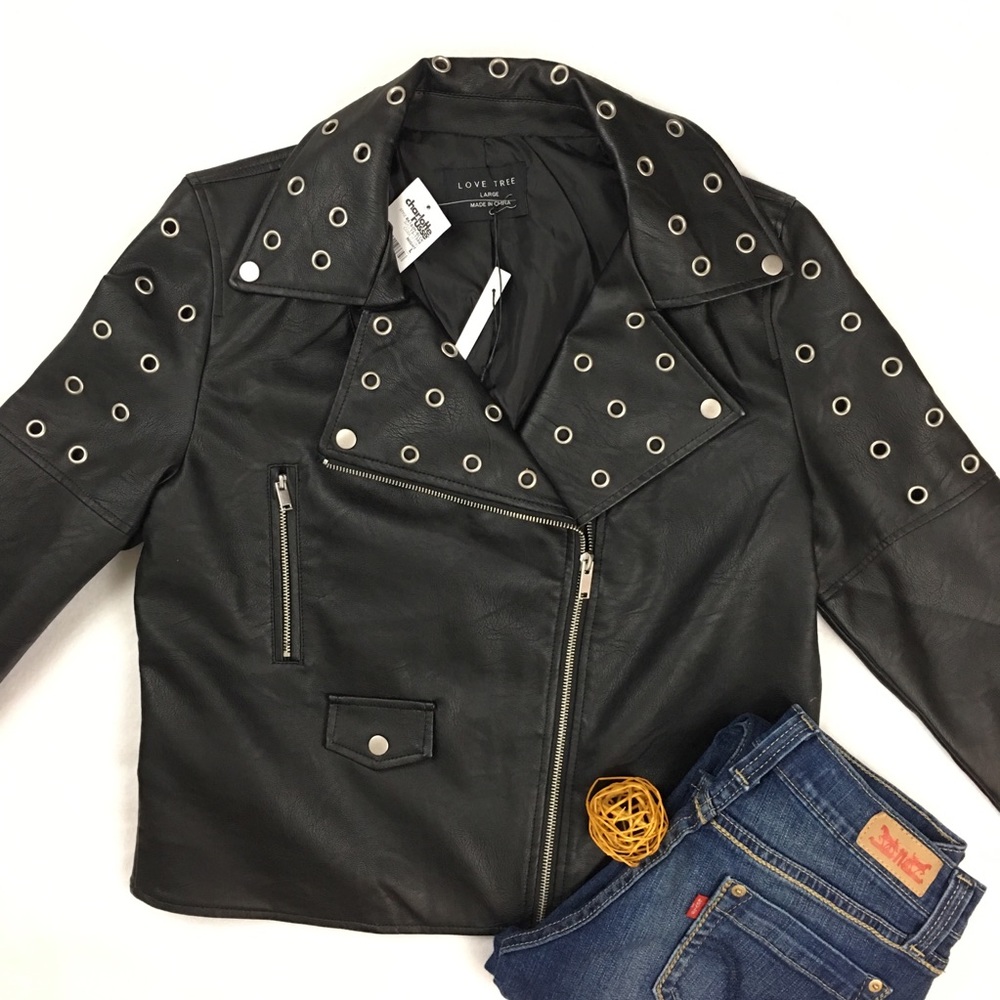 Faux Leather Moto Jacket with Silver Accents - Picture 3 of 8